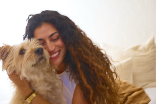 Owner cuddling her small terrier in bright daylight