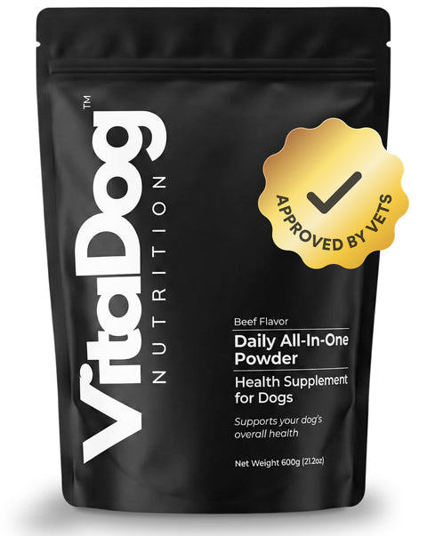VitaDog Nutrition Daily All-In-One Powder pouch in black matte packaging, beef flavor, 600g / 21.2oz, with Approved by Vets badge, health supplement for dogs.