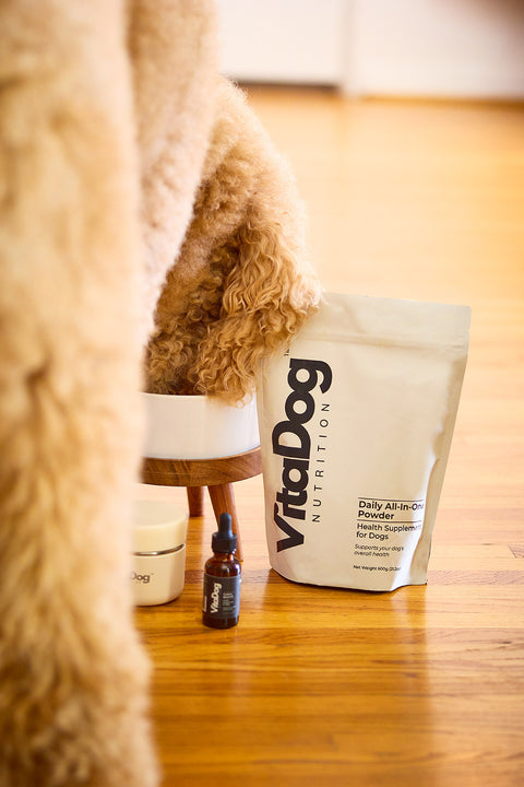 VitaDog Nutrition product on a wooden floor with a fluffy dog in the foreground