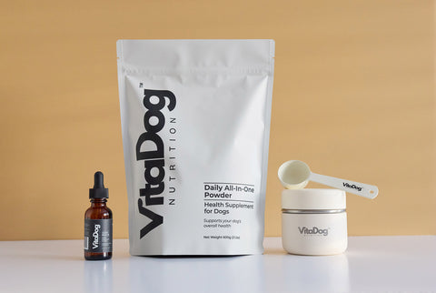 VitaDog nutrition products including a powder pack, dropper bottle, scooper, and a shaker on a beige background